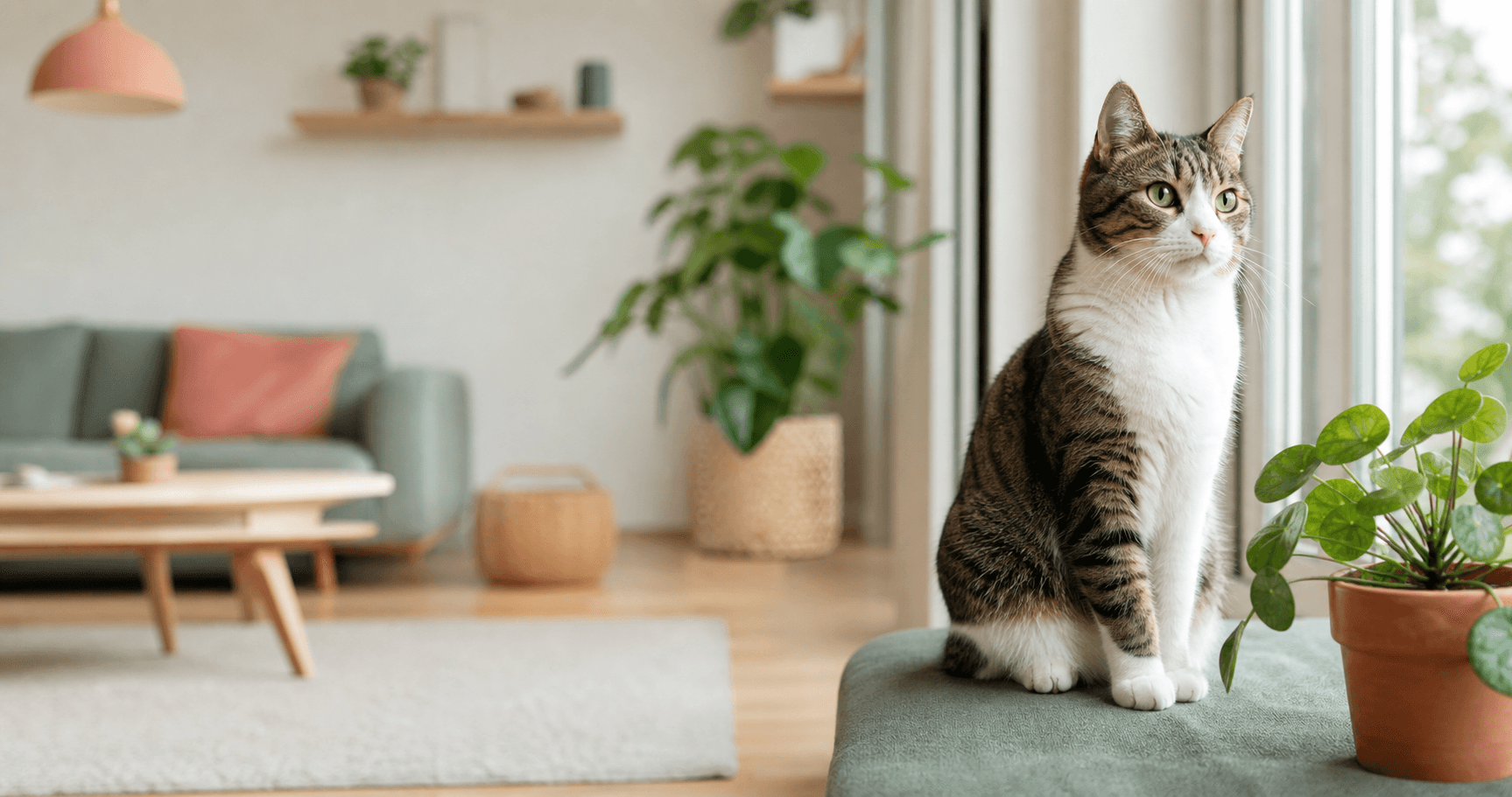 Rustige kat in een lichte woonkamer