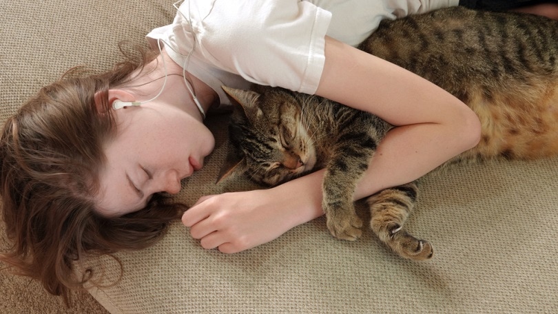 Een jong tienermeisje doet een dutje op de bank en knuffelt haar kat