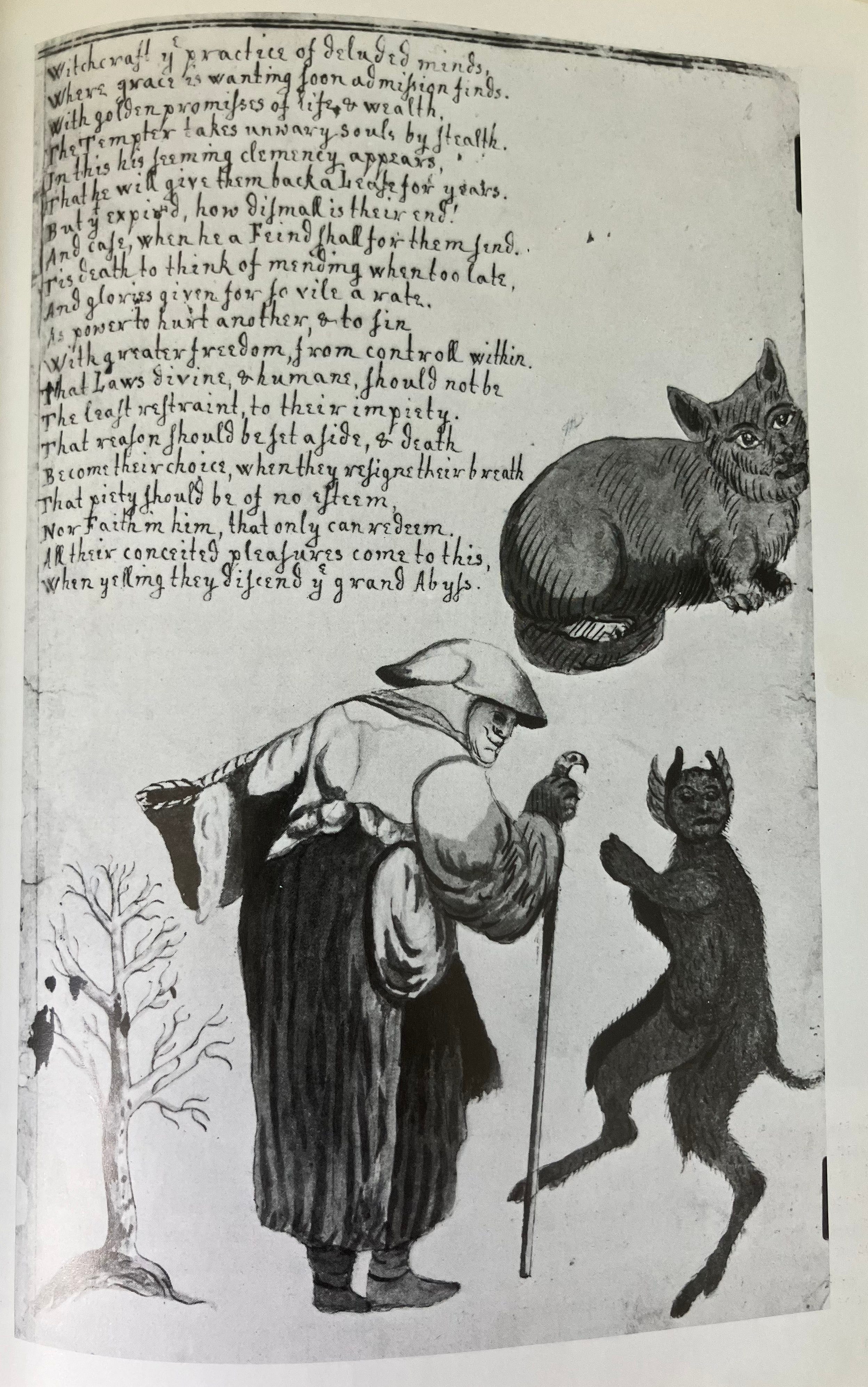 Een heks en haar bekenden. Uit A Discourse of Witchcraft, 1621. Ms 32496, f. 2. British Library, Londen.