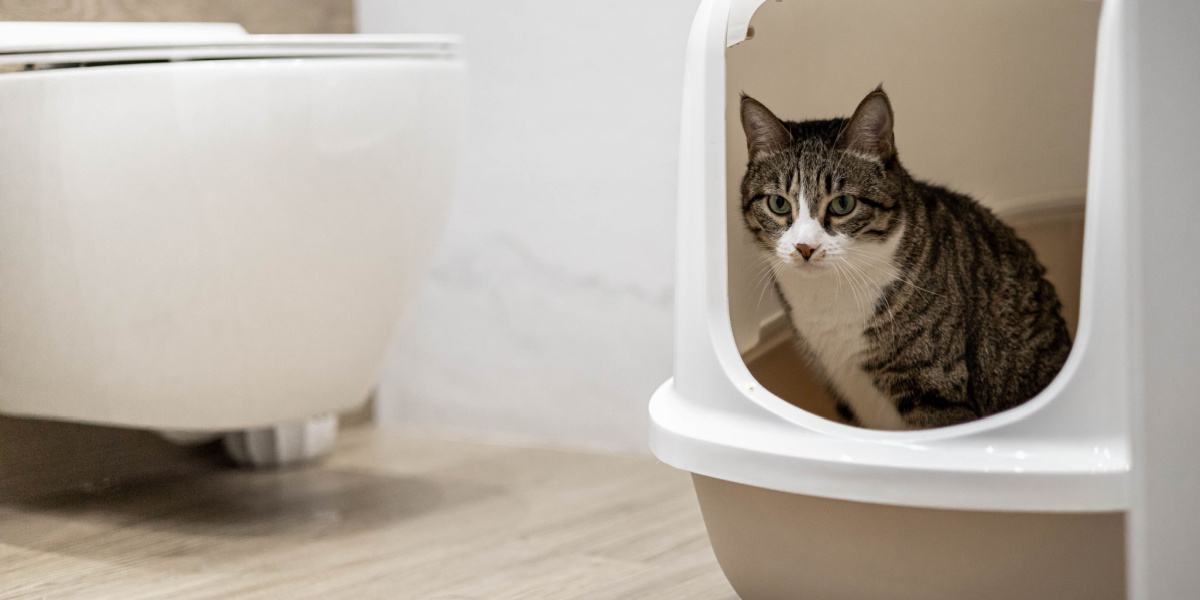 Katten plassen of poepen in een overdekte kattenbak.