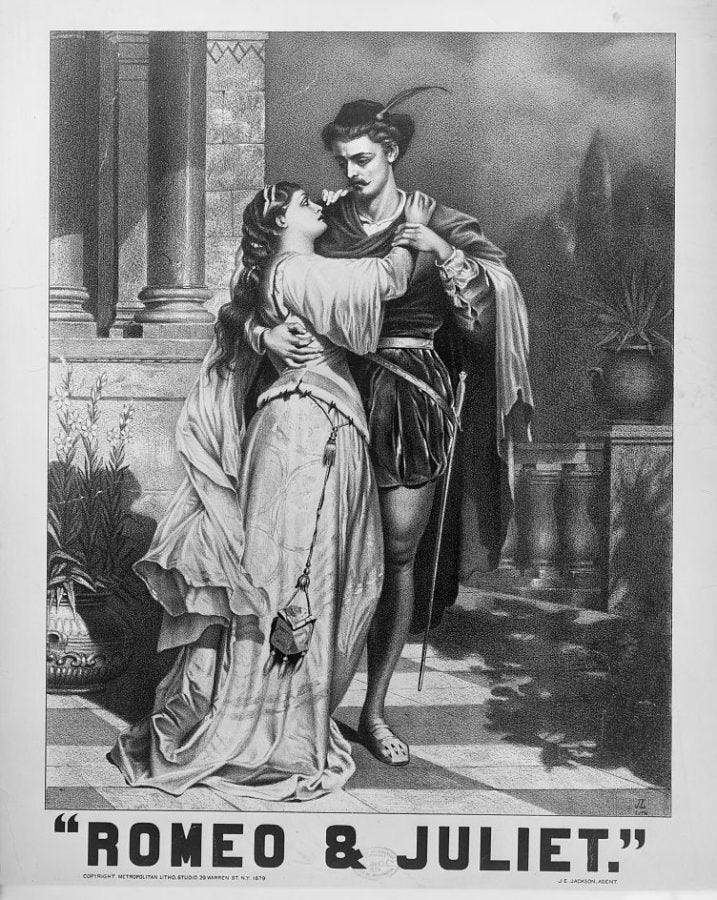 Zwart-wit poster voor Romeo en Julia toneelstuk