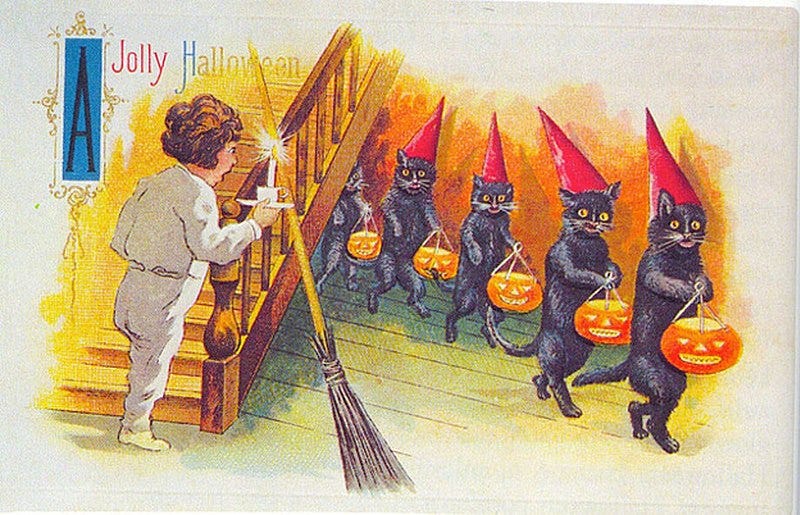 zwarte katten Halloween ansichtkaart circa 1900 en circa 1916