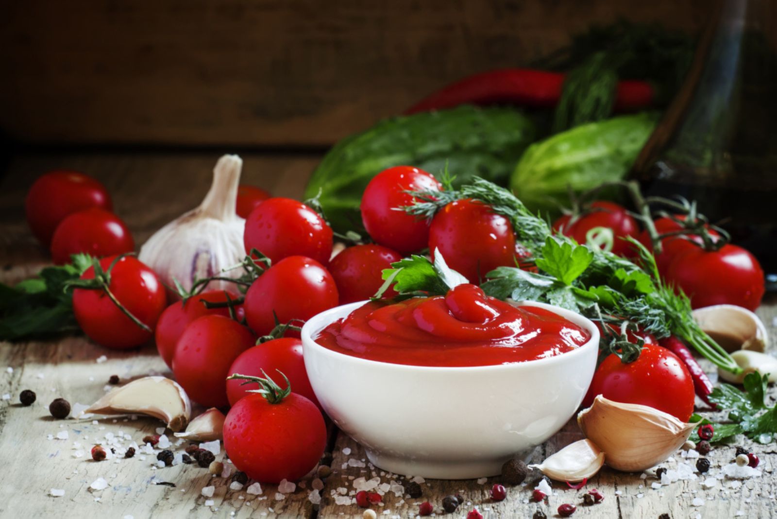 Tomatenketchupsaus met knoflook, specerijen en kruiden