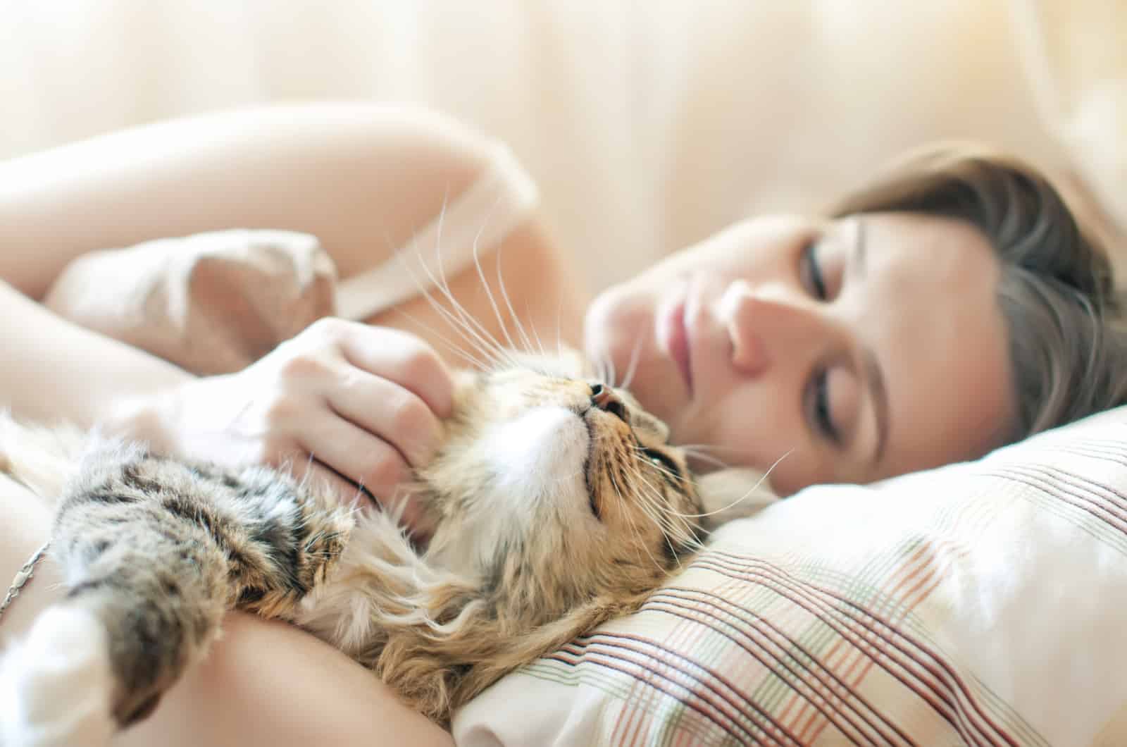 kat en vrouw knuffelen en slapen in bed