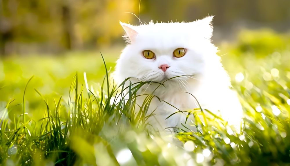 witte kat die achter groen gras kijkt