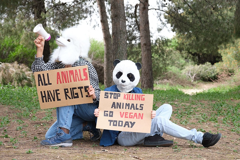 Dierenrechtenactivisten dragen dierenmaskers en houden borden vast