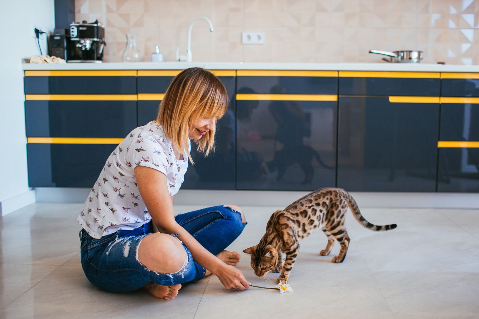 Vrouw speelt met Bengaalse kat op de vloer in de keuken