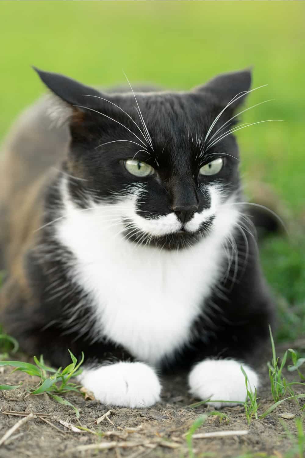 Zwart-witte kat met zijwaarts gedraaide oren